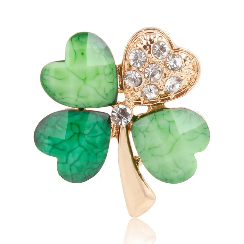 WEIMANJINGDIAN Brand Green Four Leave Clover Irish Shamrock Lucky Crystal Brooches and Lapel Pins Collections