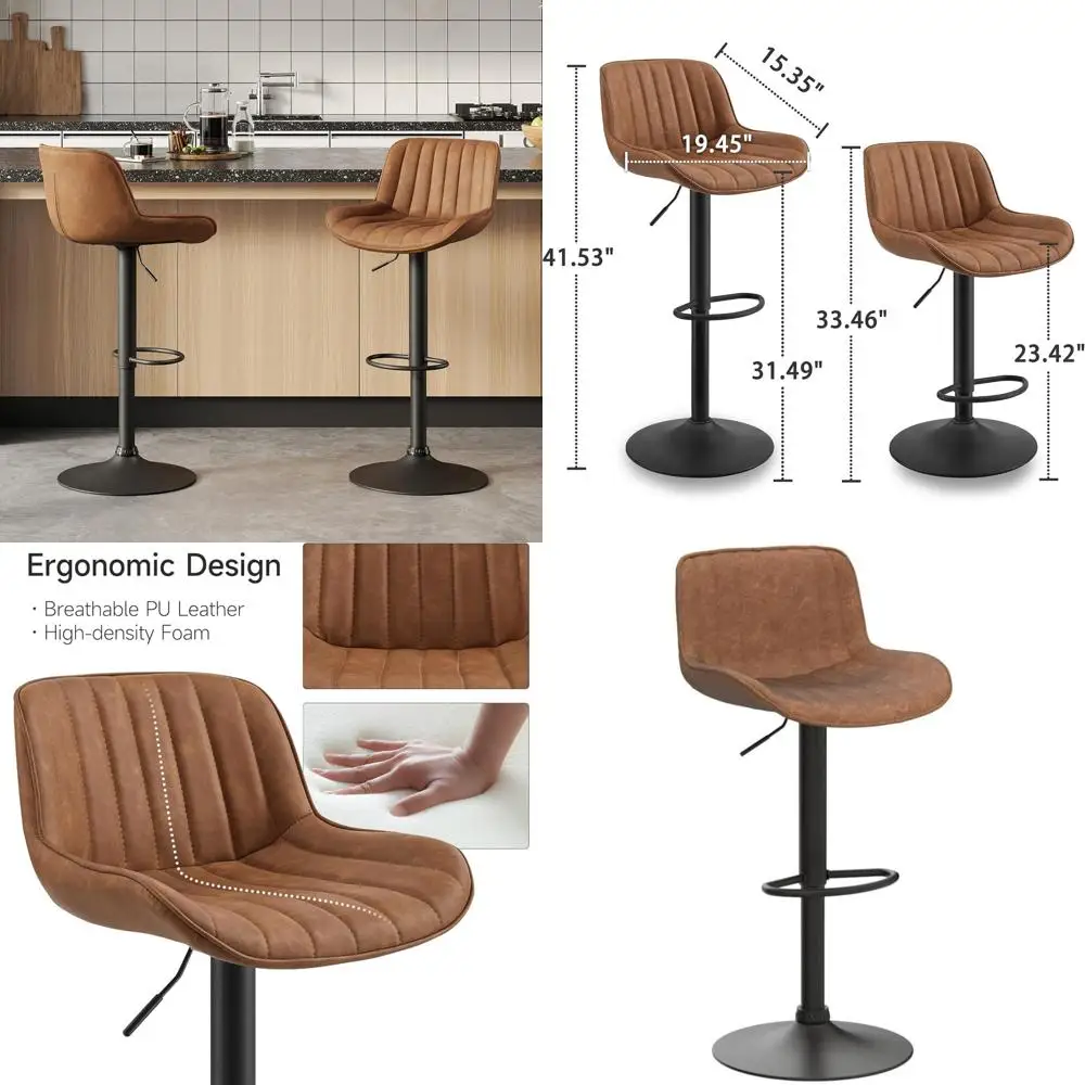 Pair of Mid-Century Modern Style Faux Leather Swivel Bar Stools with Adjustable Height for Counter Use