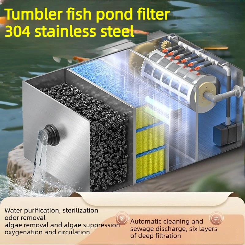 Stainless Steel Rotary Drum Microfilter, Backwashing Fish Pond Filtration System for Solid Waste Separation & Water Circulation