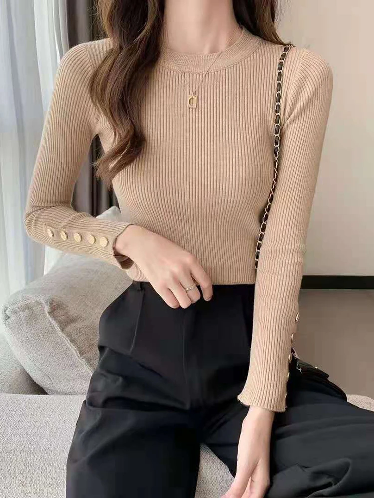 2024 women sweater pullovers khaki casual autumn winter button o-neck chic sweater female slim knit top soft jumper tops