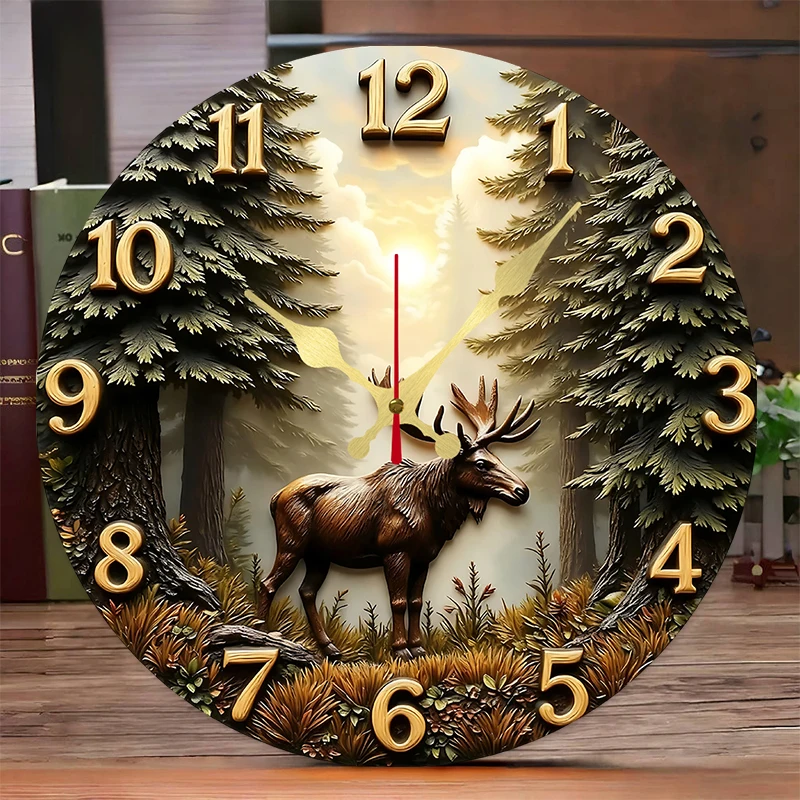 Moose & Deer Wooden Round Silent Hanging Wall Clock, Suitable For Living Room, Office, Study Room, Bedroom, Home Decoration