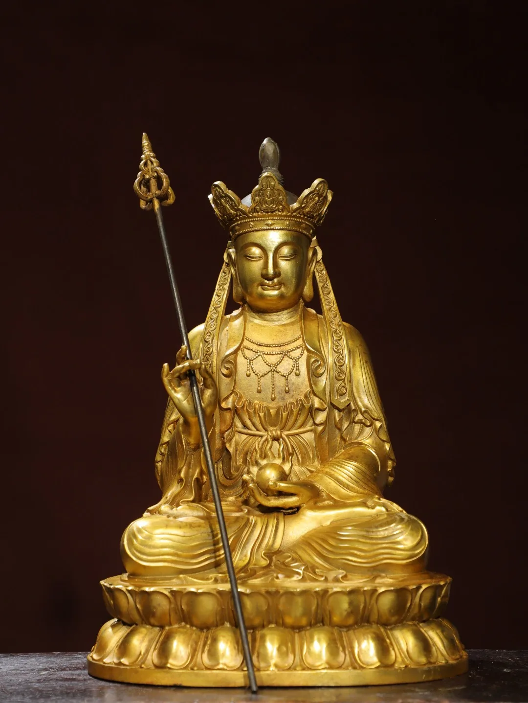 

13"Tibetan Temple Collection Old Bronze Gilded Ksitigarbha Bodhisattva Amitabha Sitting Buddha Lotus Platform Worship Hall