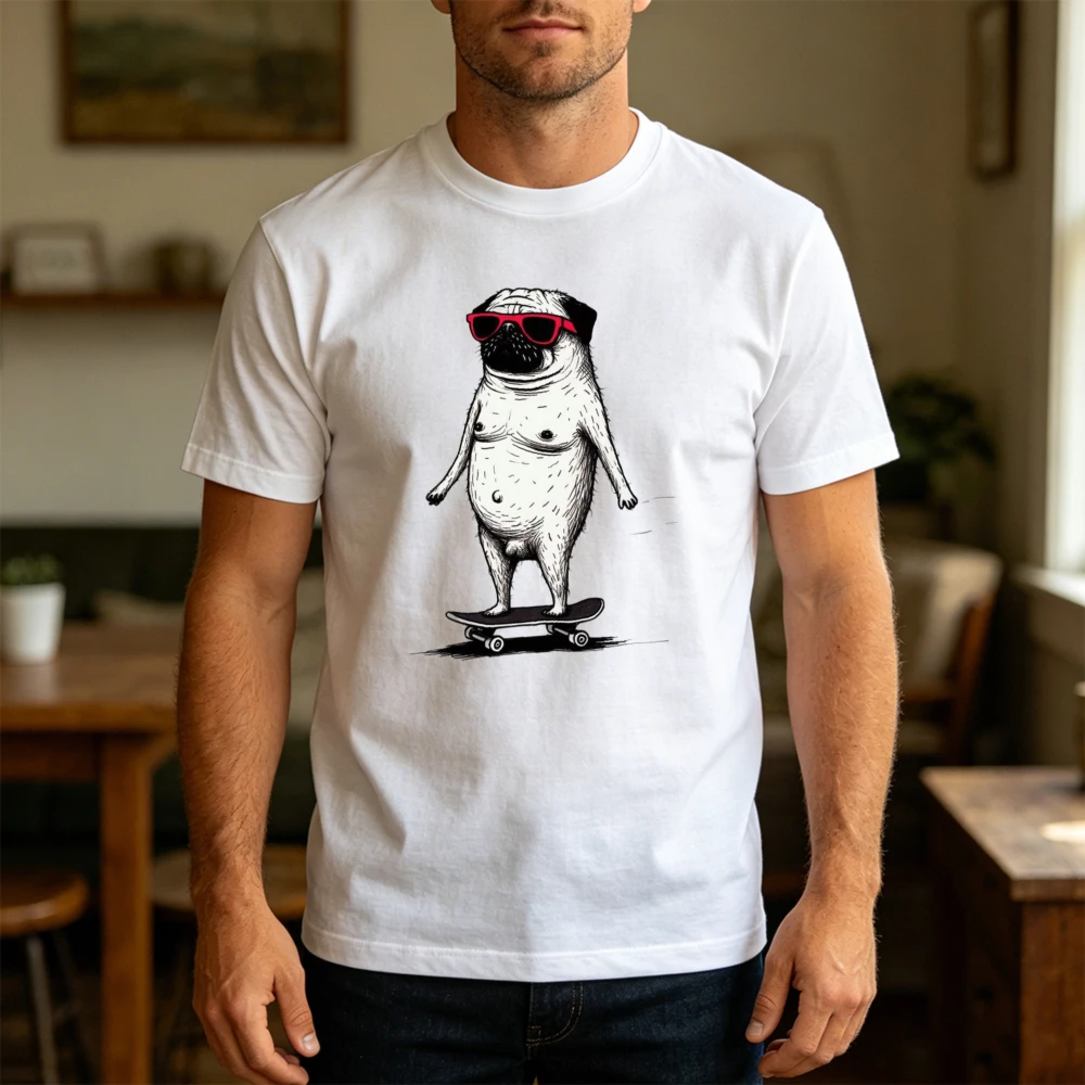 Nackter Mops beim Skateboarden Tiermotiv Herren T-Shirt Lustiges Hässliches Hundememe Grafik-T-Shirt Humoristischer Ausgefallener Stil Top Urban Streetwear Tees