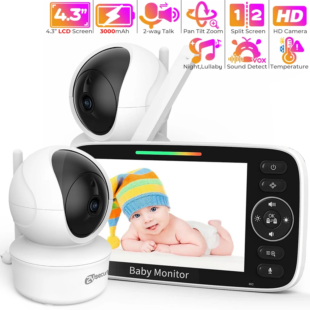 4.3 Inch Baby Monitor with 2 Cameras Pan Tilt Zoom Baby Camera 3000mAh Battery 2-way Talk Night Vision Thermal Detect Babyphone