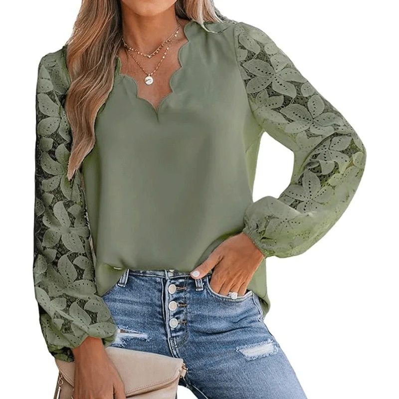 Sexy Jacquard Flower Lace Blouse Women Elegant V Neck Patchwork Office Shirt Spring Summer Hollow Sleeve Street Top Pullover