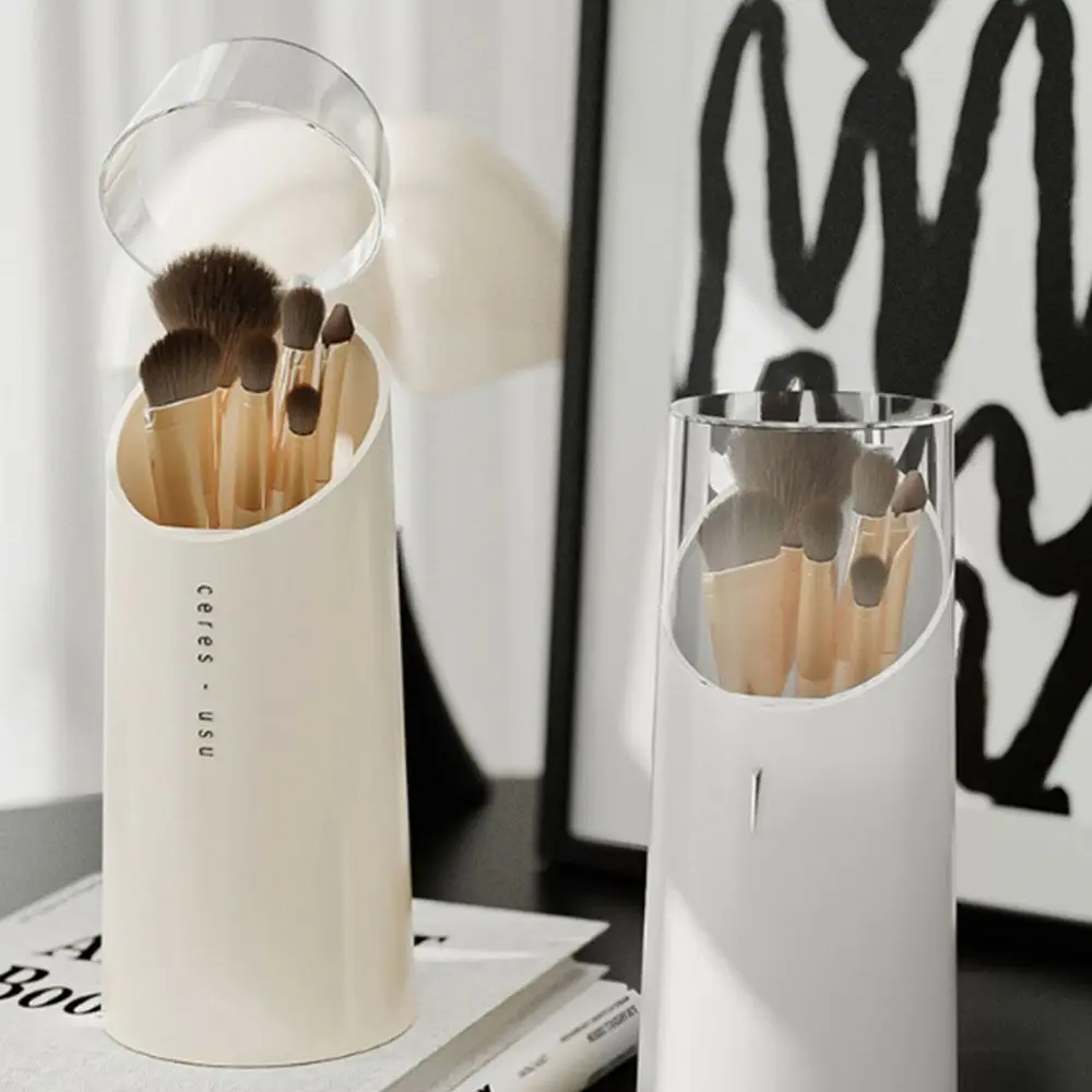 Soporte para brochas de maquillaje de gran capacidad, caja de almacenamiento de cosméticos de plástico a prueba de polvo, ahorro de espacio con tapa, cubo de almacenamiento para brochas de maquillaje para el hogar