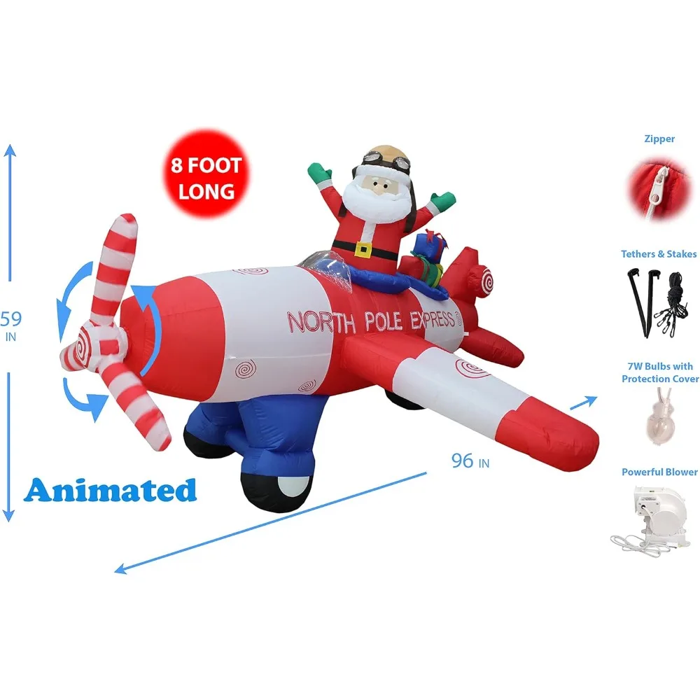 8 Foot Wide Christmas Inflatable Santa Claus Flying Airplane Blow Up Yard Decoration