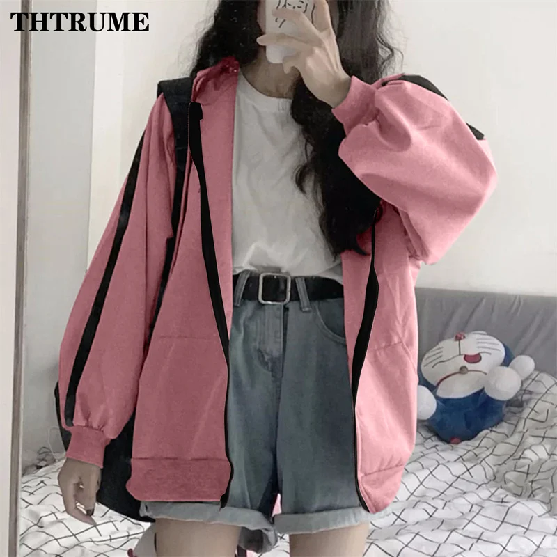 Harajuku Vintage Korean Hoodies Fashion Women Y2K Zipper Long Sleeve Oversized Streetwear Tops Casual Office Lady Sweatshirts