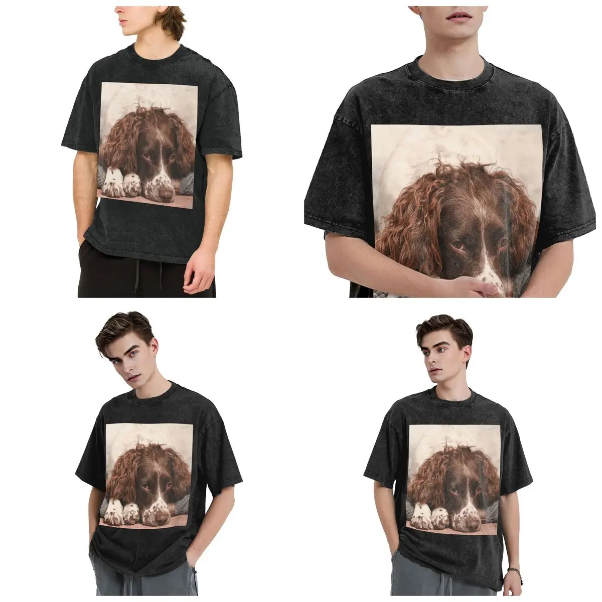 Streetwear T-Shirts English Springer Spaniel Washed T Shirt Short Sleeve Hip Hop T-Shirt Tops Tees for Men Women