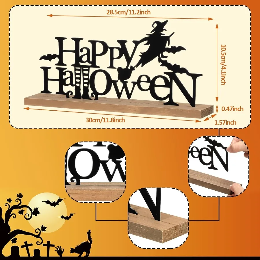 علامة معدنية للهالوين السعيدة من Realspring لتزيين صينية متدرجة للهالوين مع قاعدة خشبية قائمة بذاتها باللون الأسود المخيف على شكل خفاش ساحرة