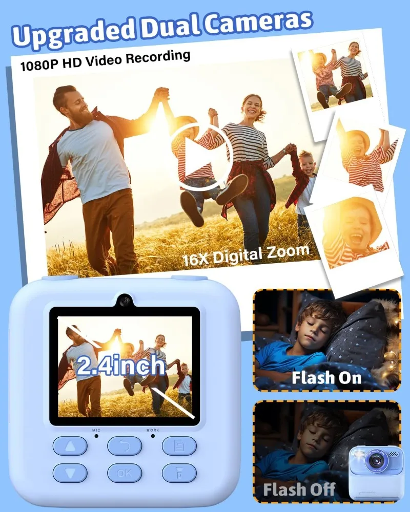 Câmera infantil com impressão instantânea, câmera digital infantil, brinquedos, presente com vídeo HD para meninas e meninos de 3 a 12 anos