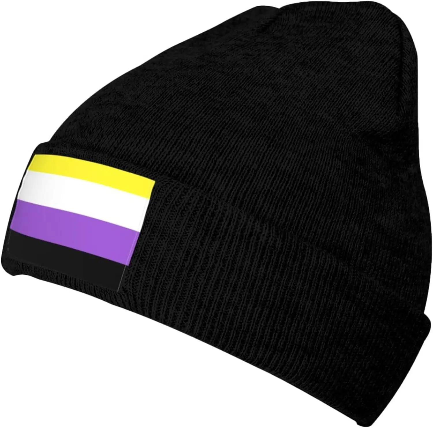 Non-Binary Flag Knit Beanie Winter Hats for Men and Women Knitted Cuffed Skull Cap Acrylic Daily Beanie Hat