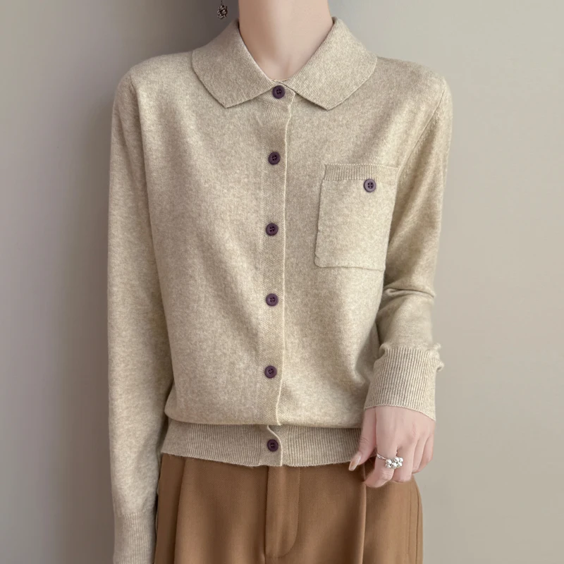 

Women 100% Merino Wool Cardigan Polo Collar Sweater Coat Solid with Pocket Clothing Long Sleeve Knitwear Basic Top Autumn Winter