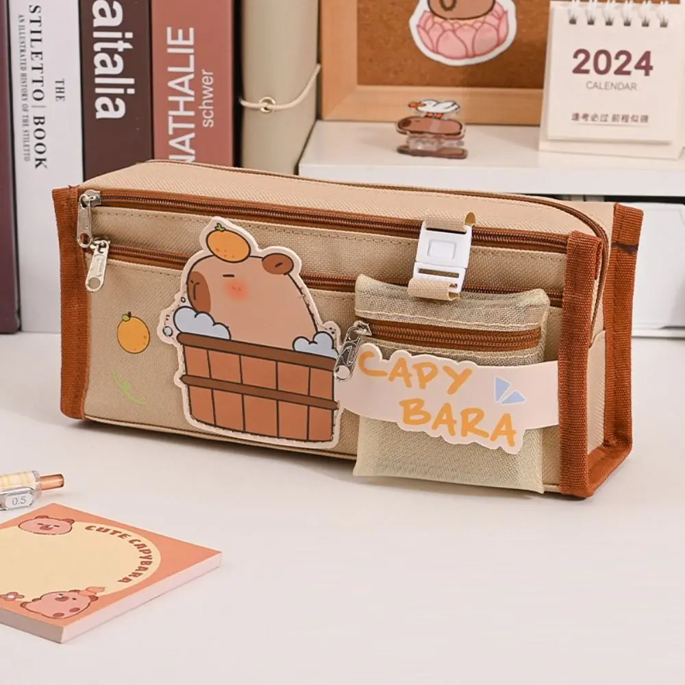 High Quality Capybara Pen Bag with Mesh Bag Canvas Stationery Organizer Large Capacity Portable Stationery Storage Bag Student