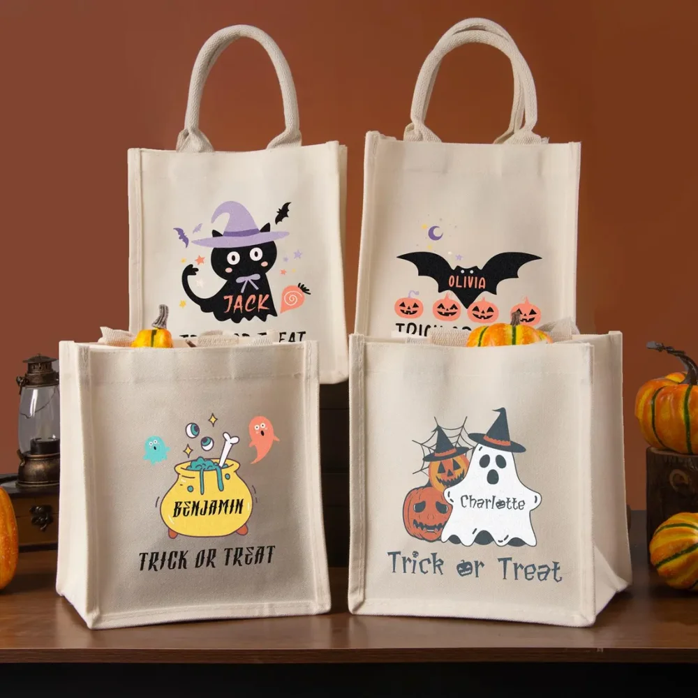 حقيبة علاج مع الاسم، خدعة الهالوين أو سلة حلوى، حقيبة اليقطين شبح الهالوين، حقيبة حمل حلوة للأطفال في الهالوين، حقيبة حمل الحلوى