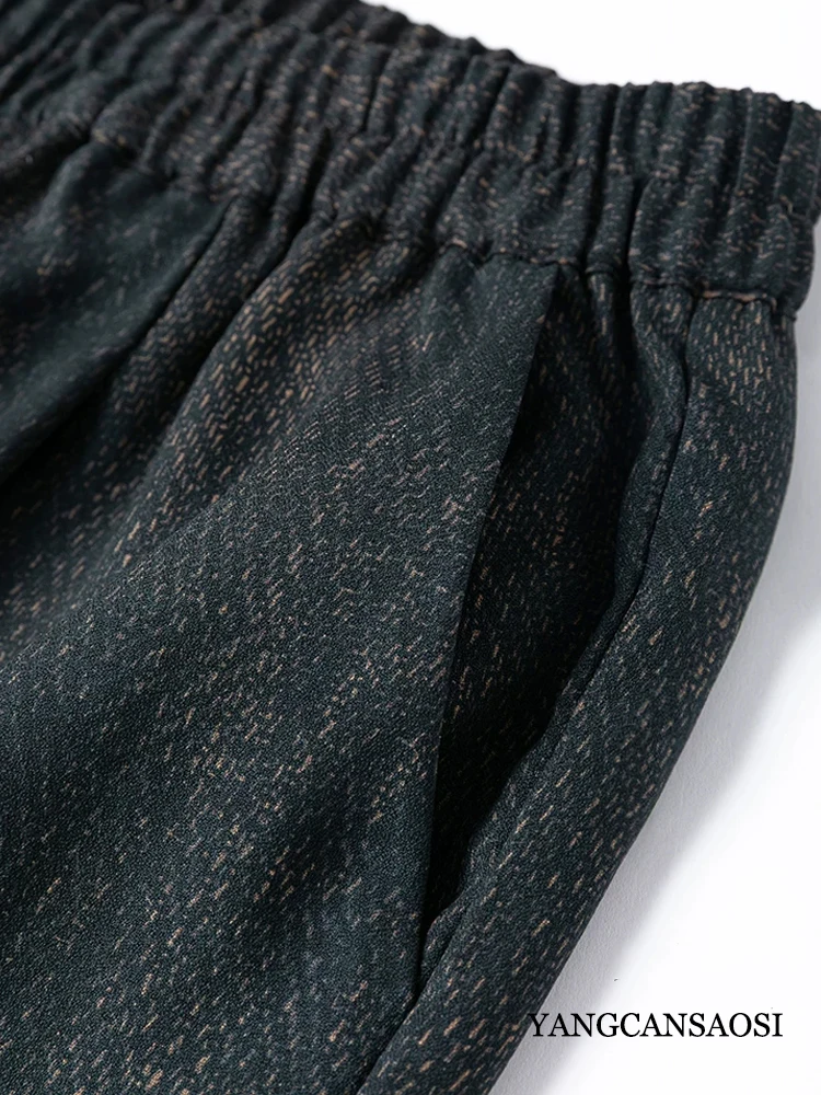 Women's Fashion Clothing Denim Texture 40MM 100%Natural Mulberry Silk Fragrant Cloud Yarn Elastic Waist Ruffled Edge Harem Pants