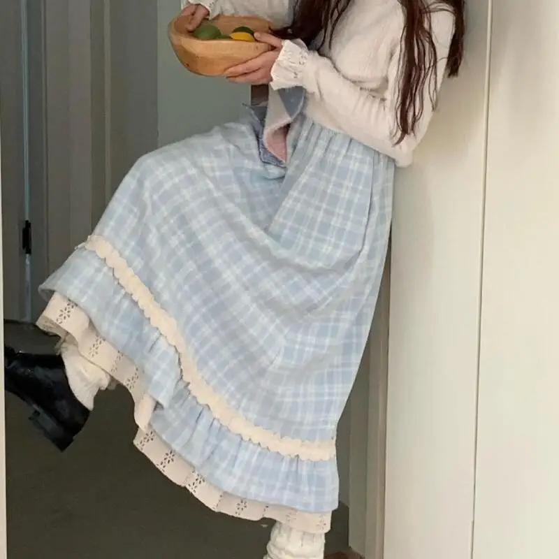 Japanese Women's Sweet Long Skirt Autumn and Winter New Blue Checkered Retro College Style Fabric Skirt Loose Casual Half Skirt