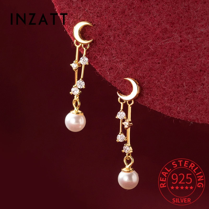 INZATT Real 925 Sterling Silver Zircon Round Pearl Tassel Moon Drop Earrings For Women Trendy Luxury Fine Jewelry Drop Shipping