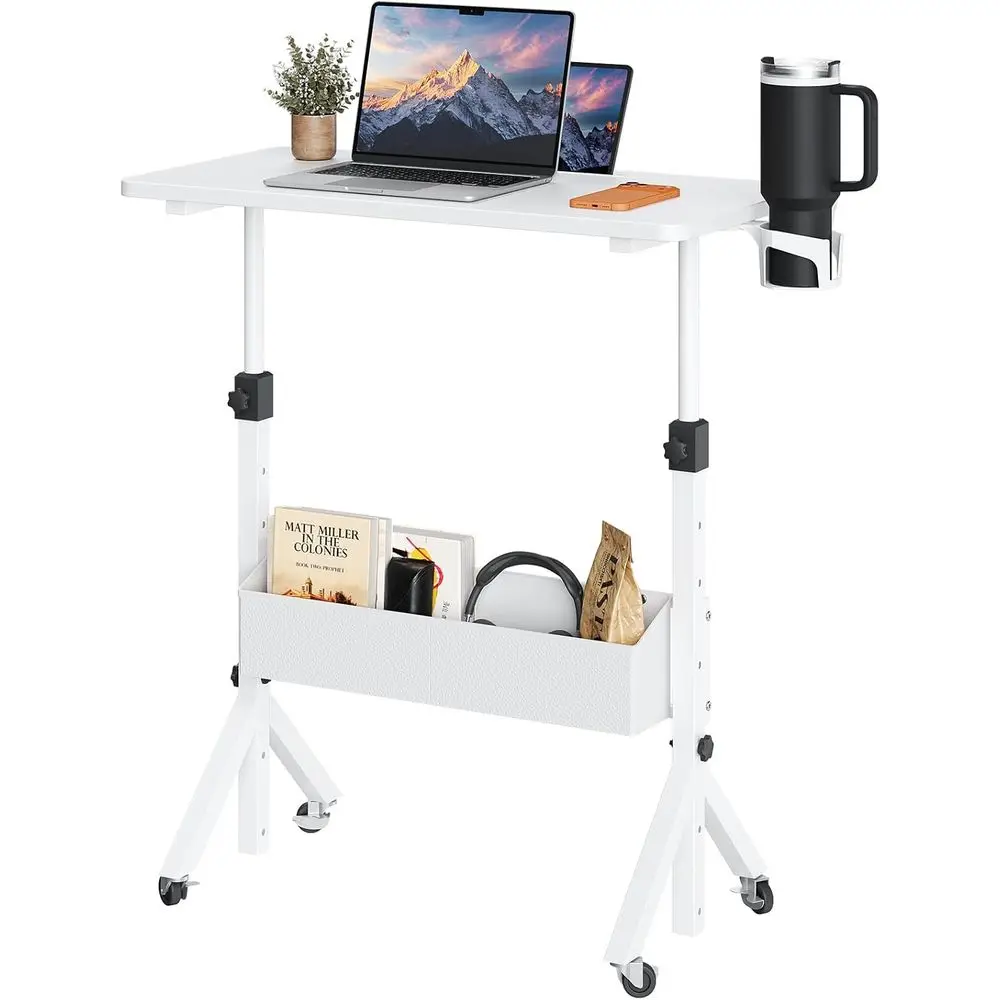 

Mobile Standing Desk with Wheels, Adjustable Height 28.3″ to 46.1″, Rolling Laptop Cart with Cup Holder, Storage Basket, Compute