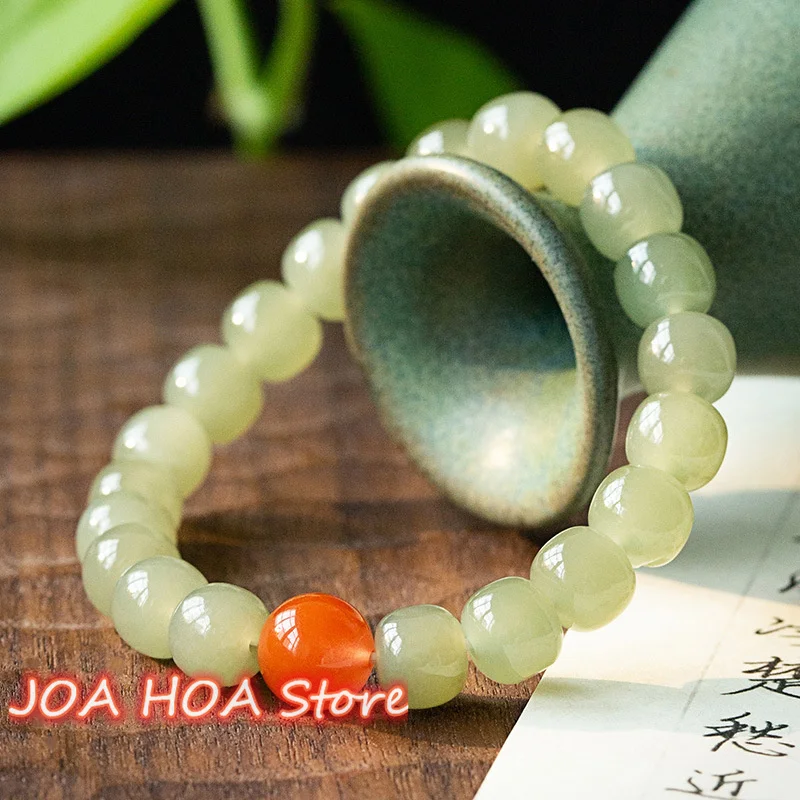 

Xinjiang Huangkou Material Natural Hetian Jade Round Beads Single Circle Bracelet DIY Women's Jewelry Southern Red Agate Bangle