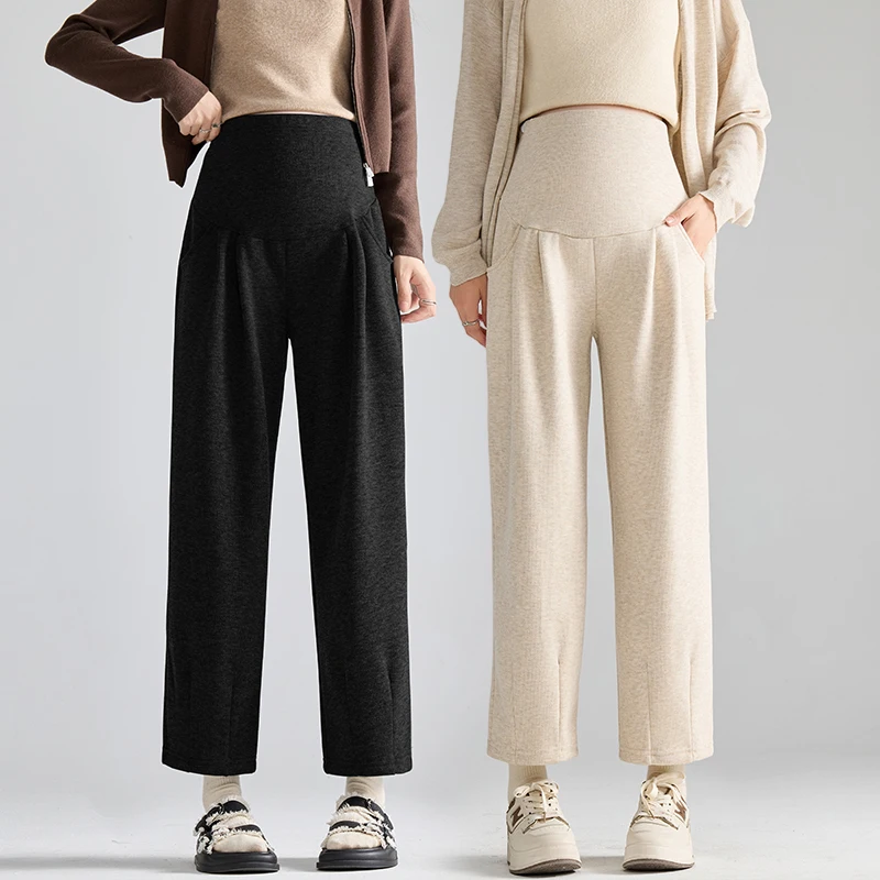 جديد النساء الحوامل البطن واسعة الساق السراويل الشتاء سميكة الدفء مستقيم ملابس أمومة الراحة سراويل تقليدية 4 ألوان