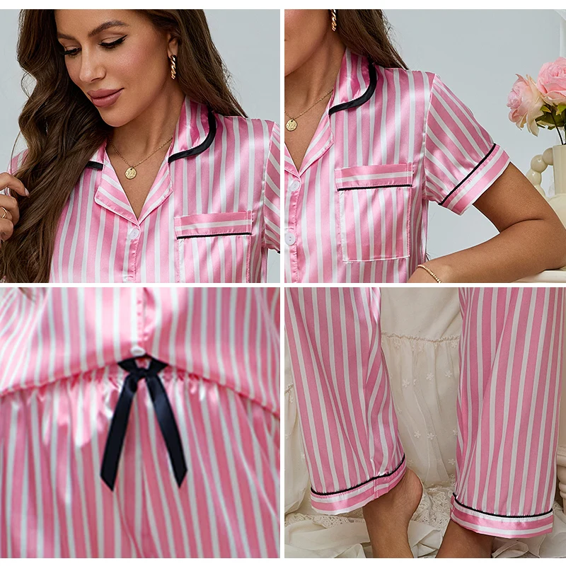 Women's Satin Striped Print Embroidered Pocket Pajama Sets Short Sleeve Top With Pants Comfortable Sleepwear Loungewear Pajamas image 5