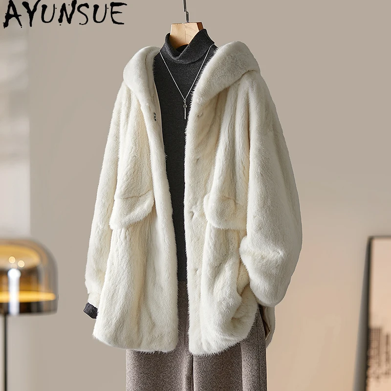 

AYUNSUE Natural Mink Fur Coat for Woman Full Mink Fur Hooded Clothes Autumn Winter Coats for Women Clothing Fourrures Femmes