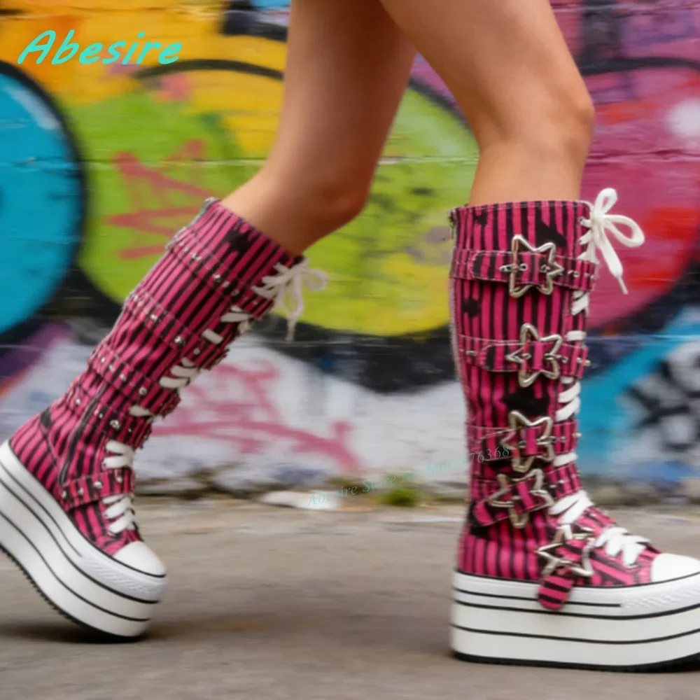 Round Toe Platform Red and Black Stripe Women's Boots Star-Shaped Belt Buckle Knee High Boots Cute Lace Up Tank Sole Shoes 2026