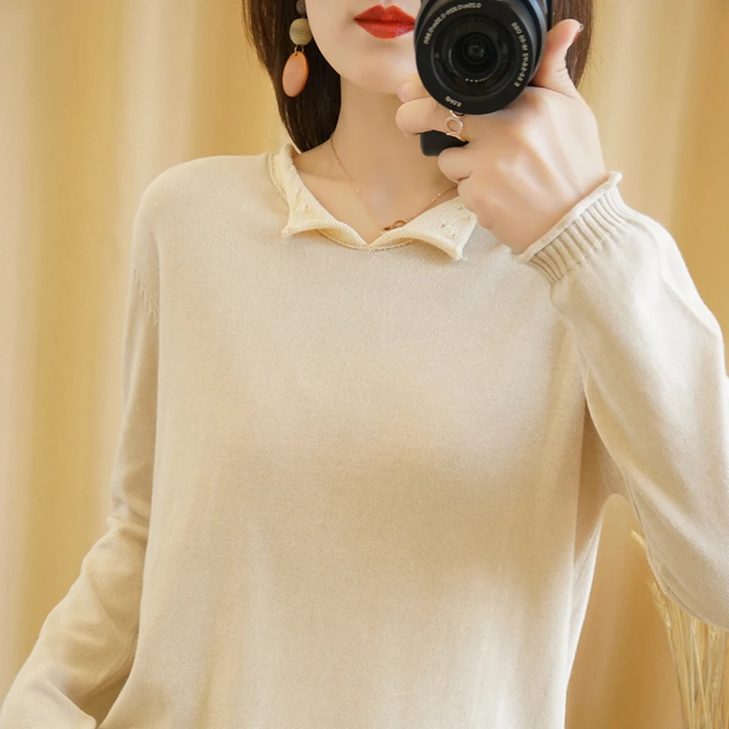 Women's Pullovers Autumn/Spring New 100% Cotton Sweaters Casual Patchwork Knitwear Ladies' Tops Loose V-Neck Basics Blouse