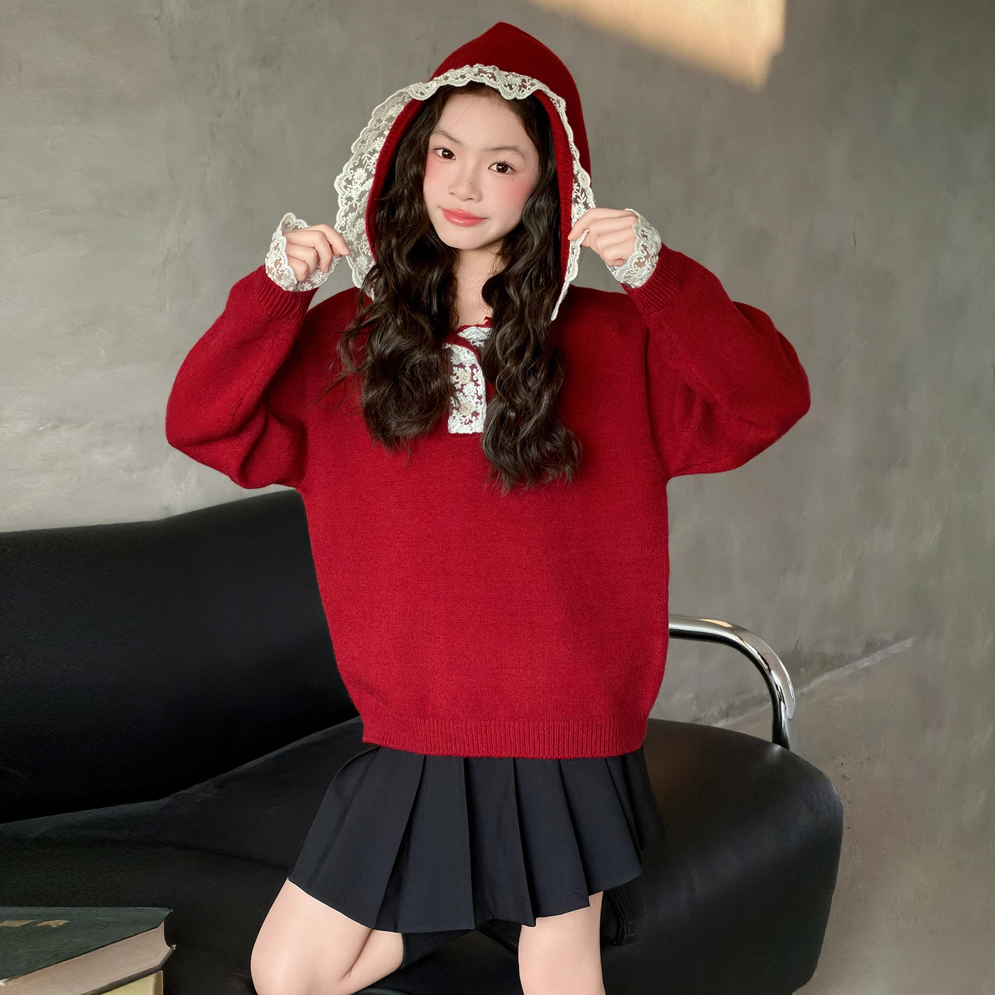 Child y2k Street New Fashion Hooded Sweater for Tween Girl Elegant Knitwear With Lace Hoodie Kids Popular Casual Spring Clothing
