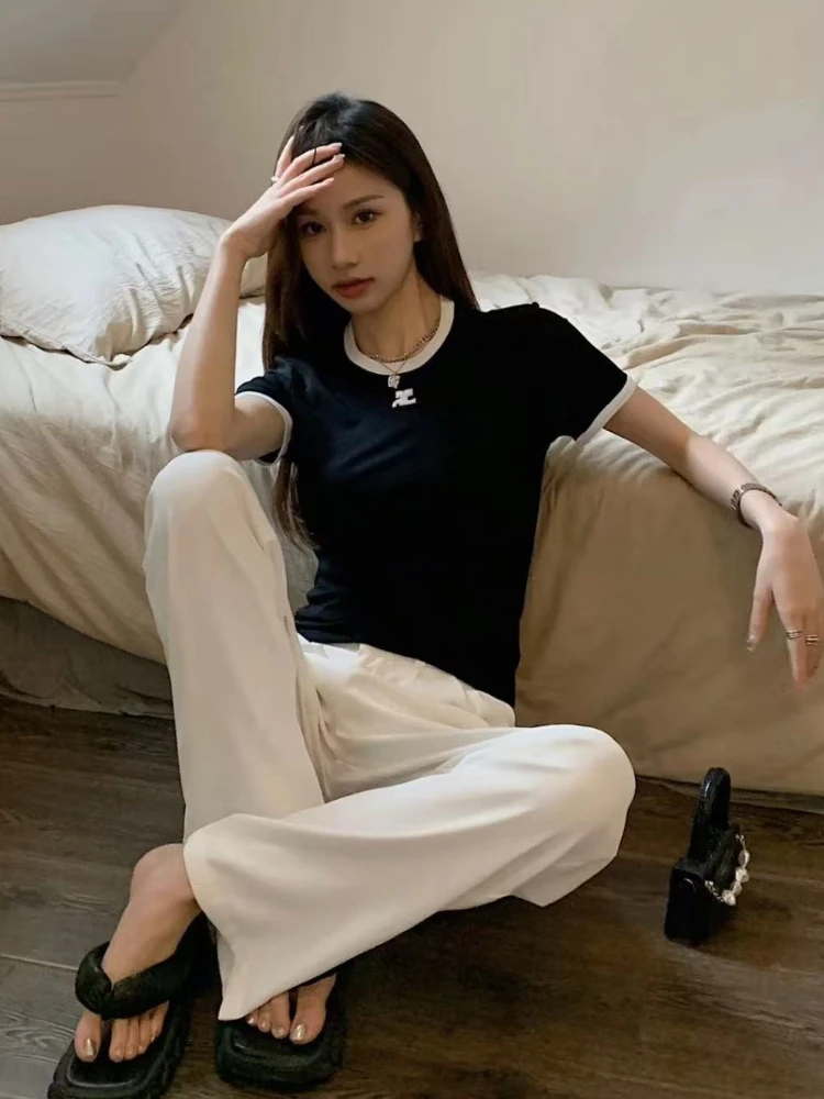 American Retro Short Sleeve T-shirt Women Streetwear Slim Fit Casual Embroidery Print Top Y2k Lady Korean Fashion Summer Clothes image 6