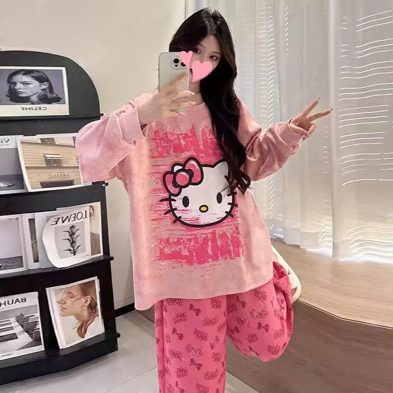 

Sanrio Hello Kitty Pajamas Two Piece Set Kawaii Cartoon Women Nightie Pant Long Sleeve Nightwear Autumn Sleepwear Home Wear New