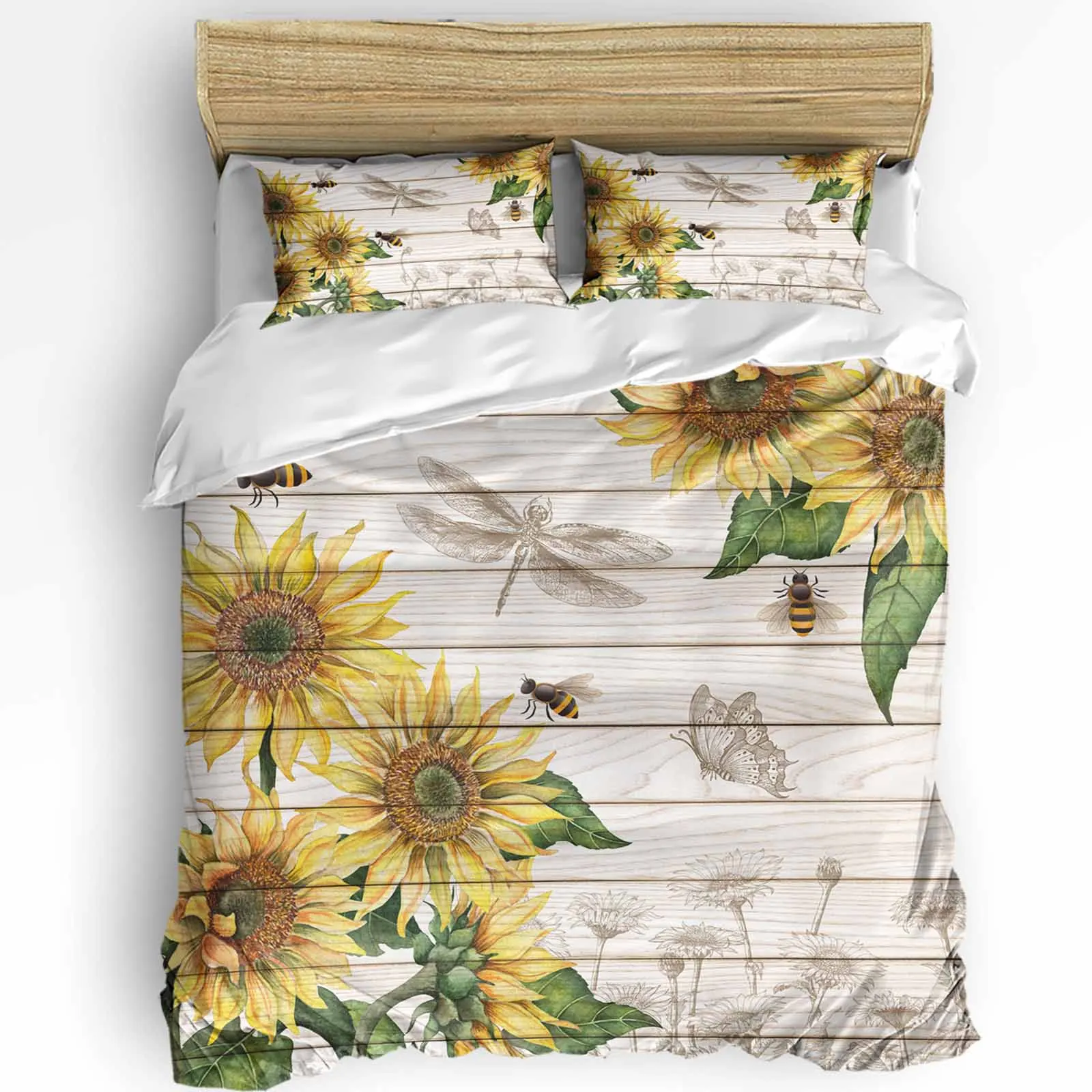 Sunflower Bee Butterfly Wood Texture Duvet Cover with Pillow Case Custom 3pcs Bedding Set Quilt Cover Double Bed Home Textile