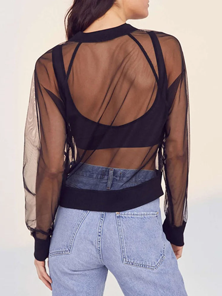 Sexy Transparent Mesh Sheer Jackets 2024 Summer Thin Long Sleeve Brief Outwears Women Zipper Beachwear Coats