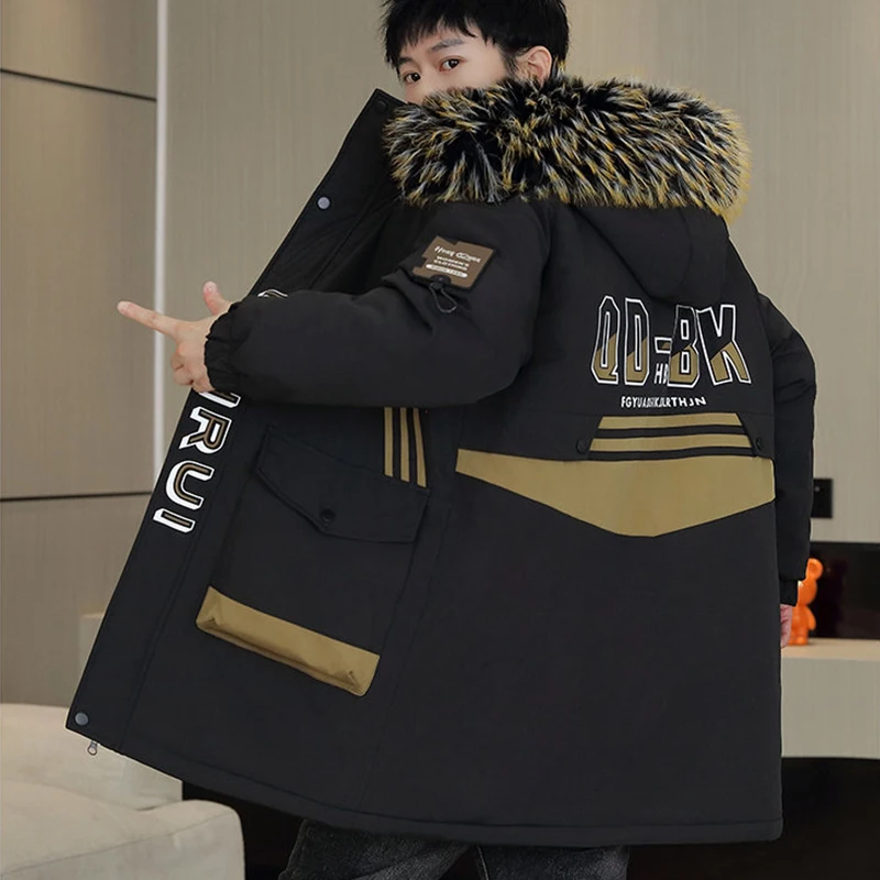 

Fashion Men's Hooded Plush Jackets Streetwear Fleece&Thicken Coats 2025 Winter Youth Loose Fur Collar Detachable Parkas Clothing