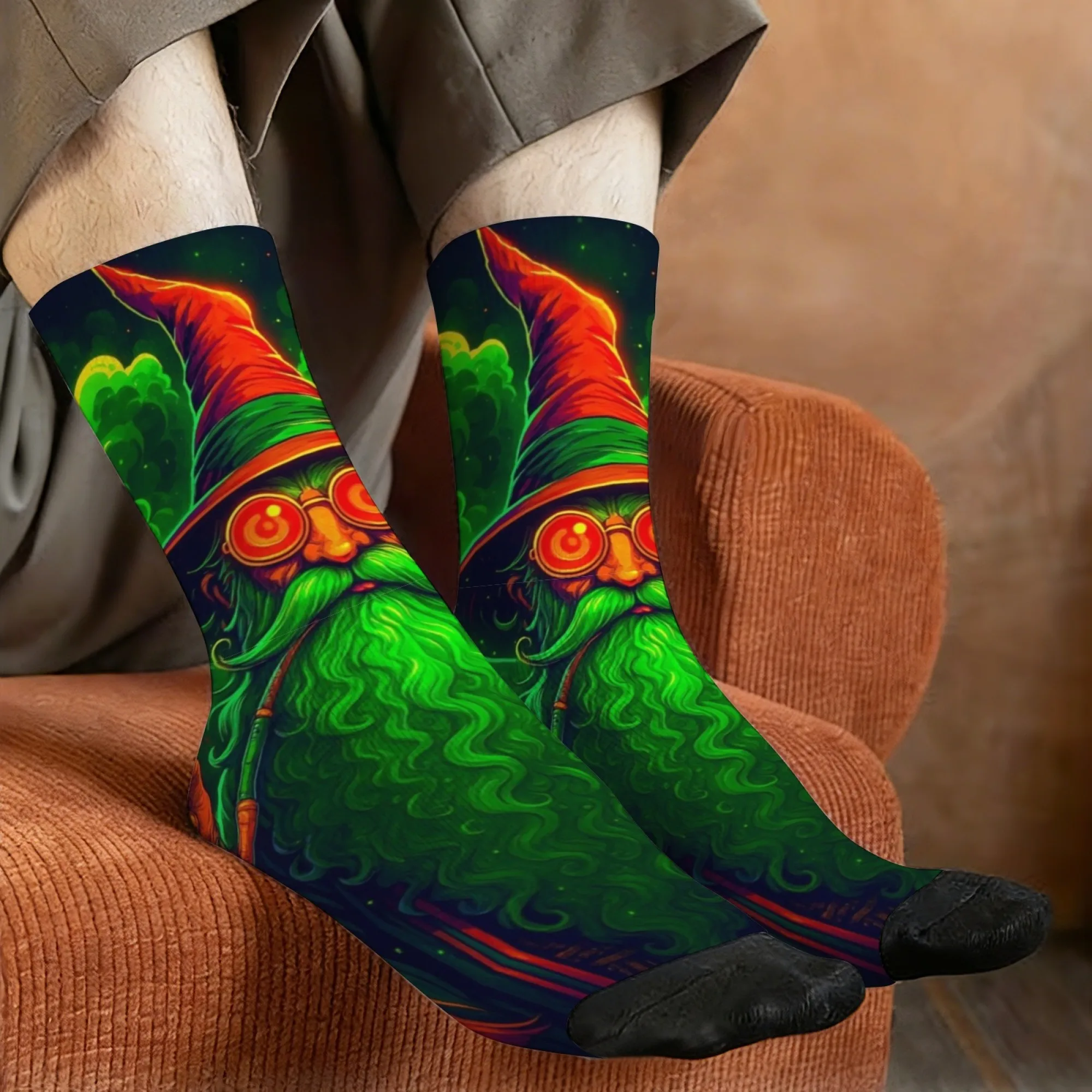 

Psychedelic fantasy green-bearded wizard print men's socks, novel street style, surreal style casual socks, crazy party gift.