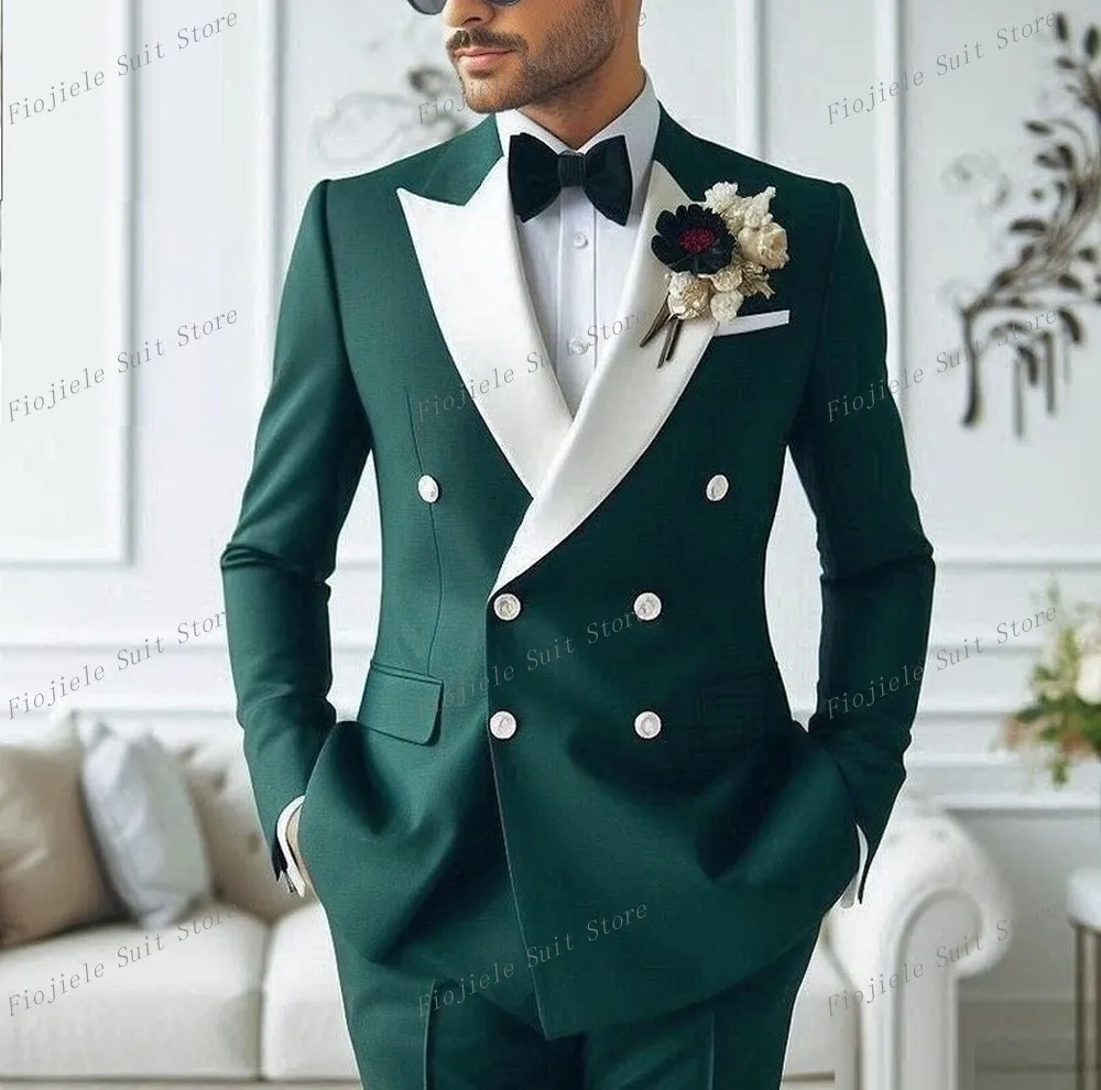 

White Lapel Green Formal Occasion Men Suit Groom Groomsman Wedding Party Prom Business Casual Tuxedos 2 Piece Set Blazer Pants