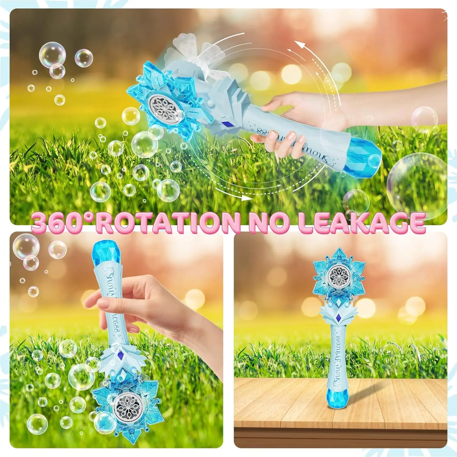 VATOS baguettes à bulles X2 pour enfants, souffleur de bulles de flocon de neige automatique, Machine à bulles légère et musicale avec 2 moulin à vent, jouet d'extérieur pour filles et garçons