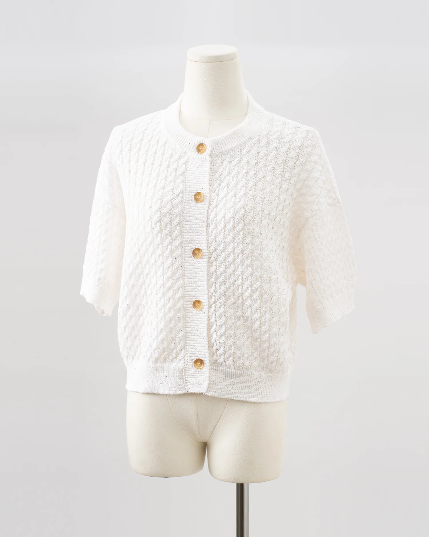 

Spring/Summer New Arrival: Sequined Crew Neck Knitted Short-Sleeve Cardigan With Button Knit And Hollow-Out Design - Casual