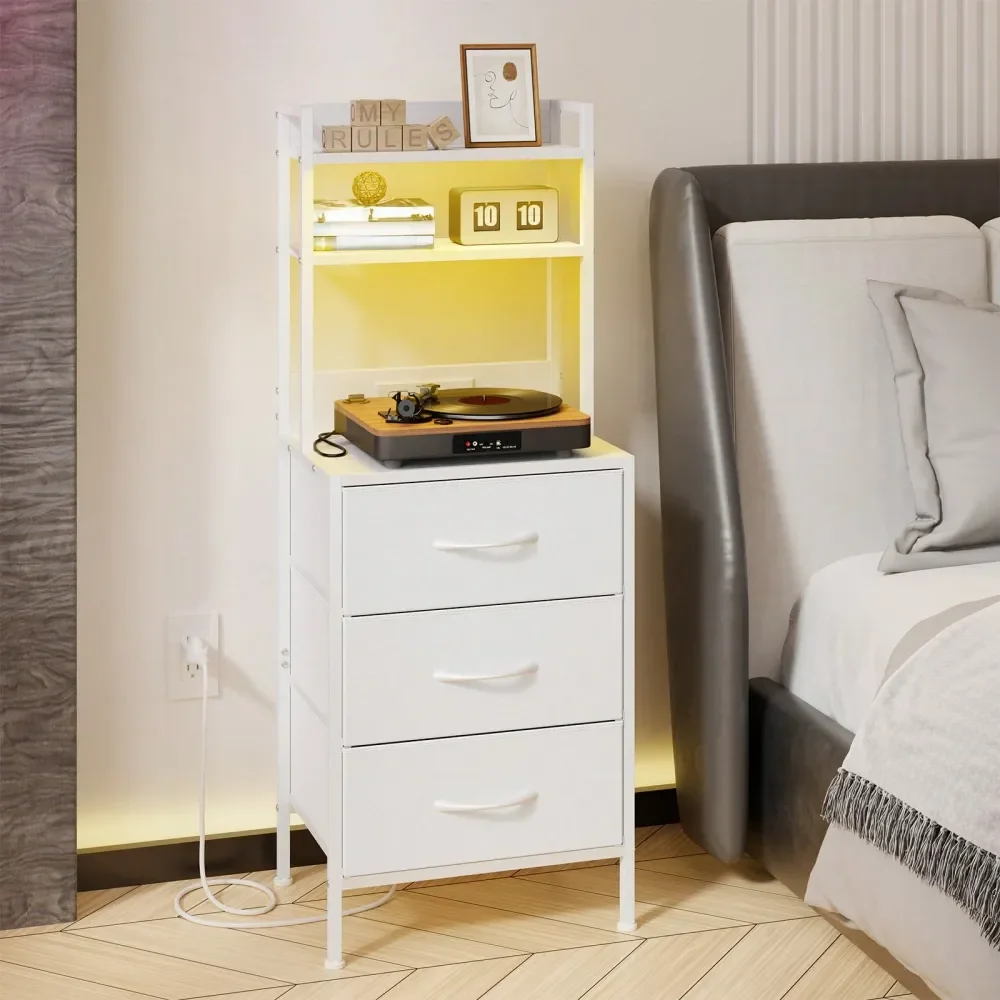 

Прикроватная тумба-столик с зарядной станцией, 41 дюйм в высоту, со светодиодной подсветкой, USB-разъемом, выдвижными ящиками из ПУ, книжной полкой, бело-коричневый