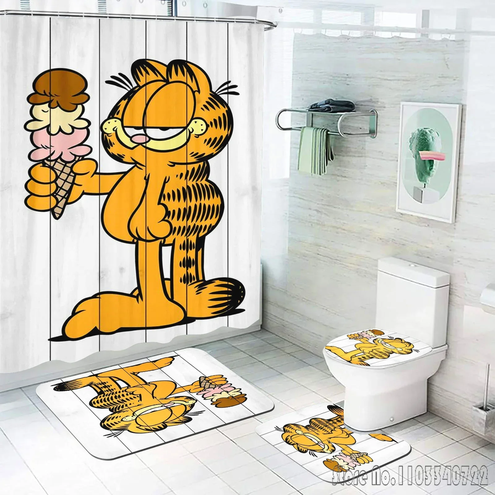 Disney G-Garfield Cat Bath Shower Curtain Set 4pcs with Hooks Waterproof Bathroom Toilet Mat Lid Decor