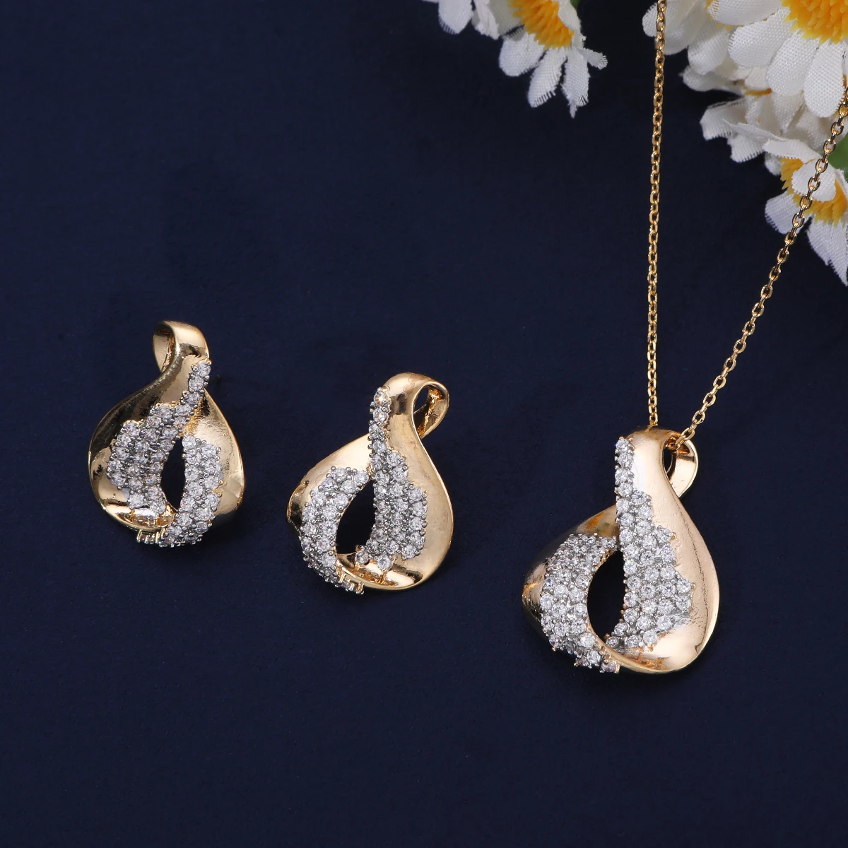 Women Silver Plated CZ Jewelry Set, Teardrop Sunburst Style Necklace Stud Earrings Elegant Wedding Bridal Party Gift S710/S712