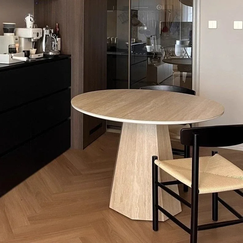 Nordic Roman travertine rock slab dining table small apartment living room home medium ancient style simple round