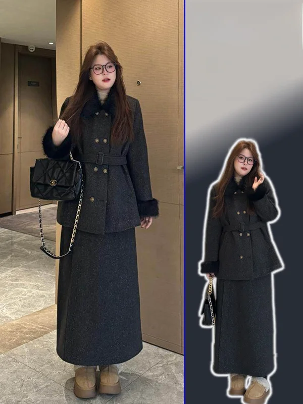 

Зимнее пальто больших размеров для женщин: шерстяное пальто с поясом, двубортное, теплое, пушистое, с высокой талией, комплект с юбкой