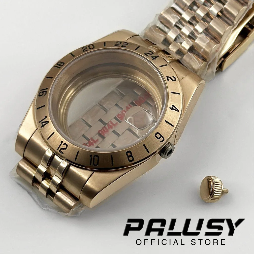 로즈 골드 익스플로러 사파이어 글래스 시계 케이스, GMT 고정 베젤 솔리드 글라이드 잠금 걸쇠, ETA2824 케이스, 24 시간, 39mm, NH34, NH35, NH36