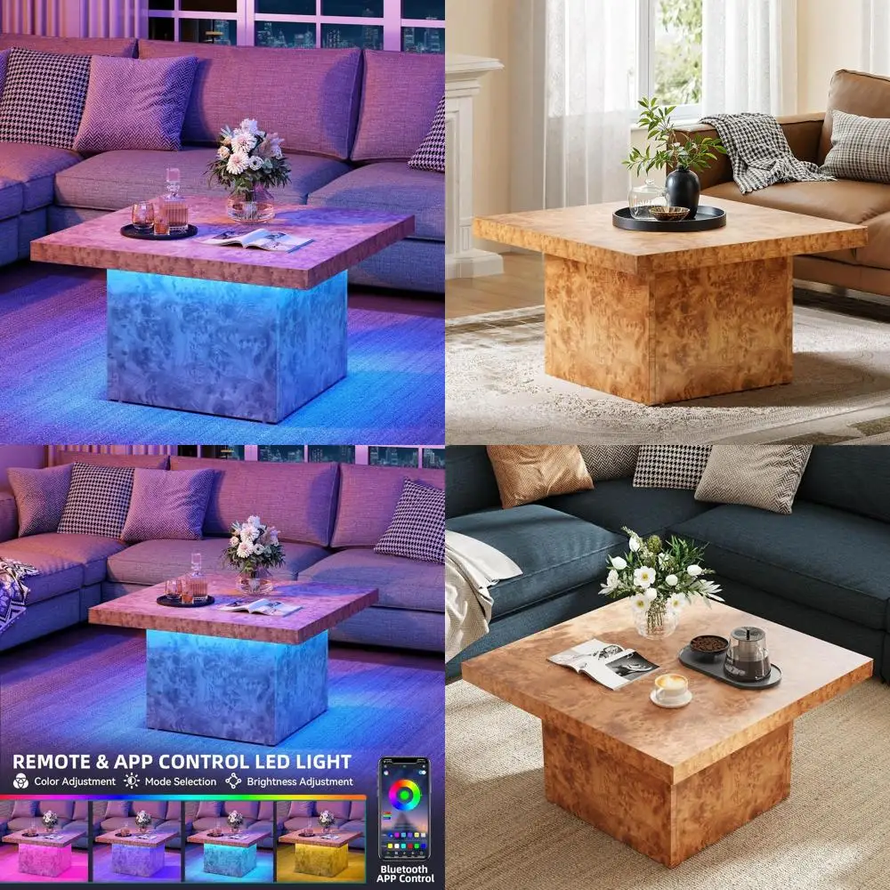 

Modern Burl Wood Square LED Coffee Table, Elegant Living Room Centerpiece, Office Decor