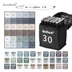 Ginflash Fine&Chisel 30/10Colors gray tone Set Matching Art Markers Brush Pen Sketch Alcohol Based Markers Drawing Art Supplies