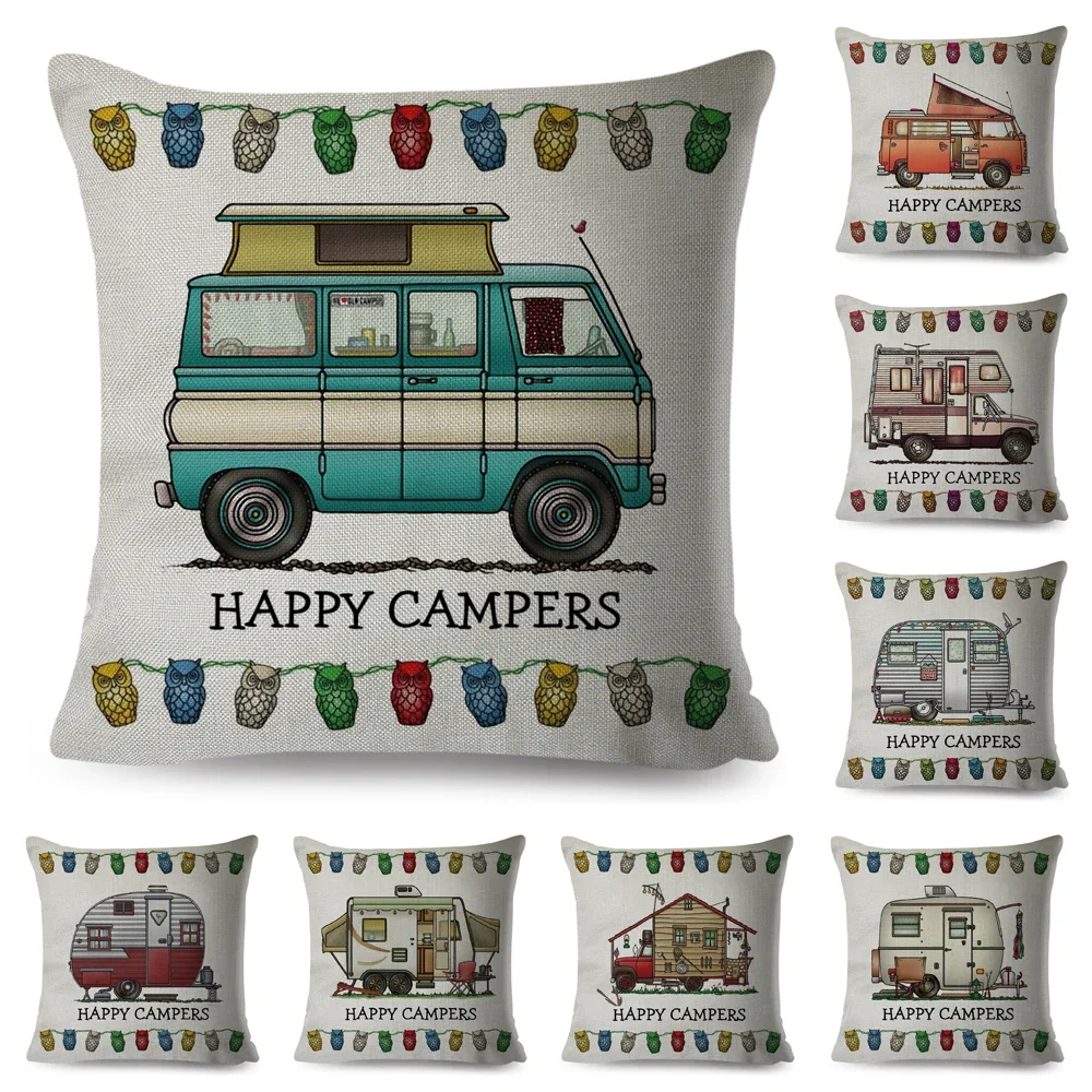 Happy Camper Pillowcase Decor Cartoon Travel Car Printed Pillow Case for Home Sofa Children Room Polyester Cushion Cover 45x45cm