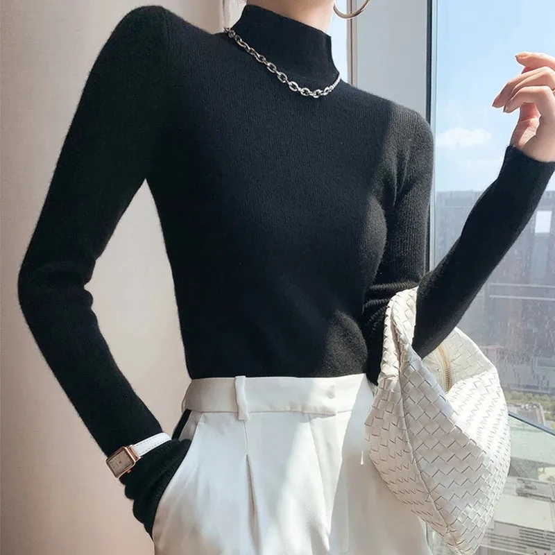 2025 feminino fino ajuste manga longa base pulôver de malha cor sólida camisola de gola alta francês versátil outono inverno quente topos