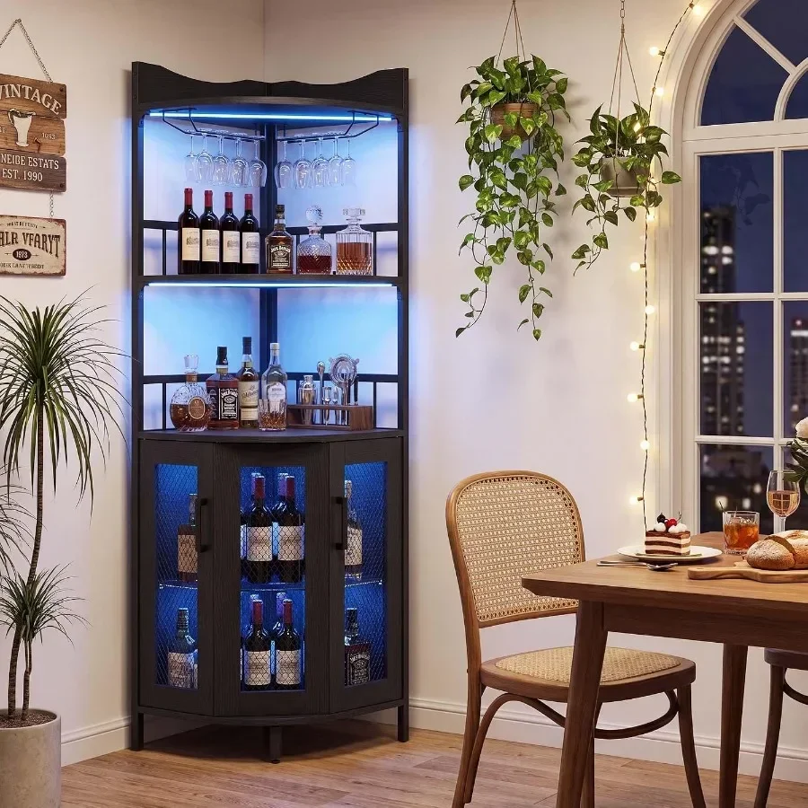 Corner Bar Cabinet, 5Tier Wine Cabinet with Power OutletsandLED Lights